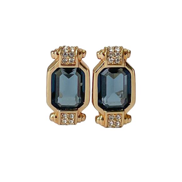 1980s Sapphire Blue & White Rhinestones Gold Plate Retro Art Deco Clip Earrings - Picture 3 of 3